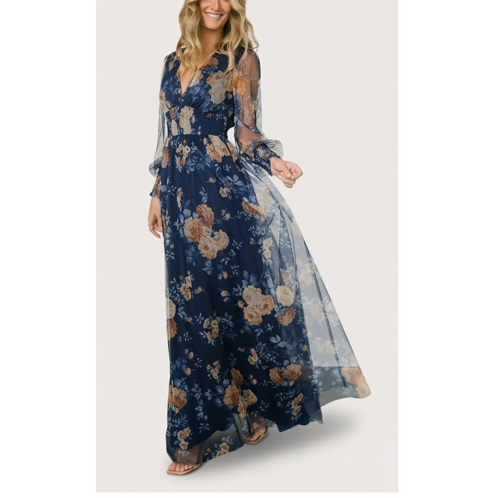 NEW Baltic Born Layla Tulle Maxi Dress Blue Golden Floral V-Neck Smocked Large - Picture 15 of 16